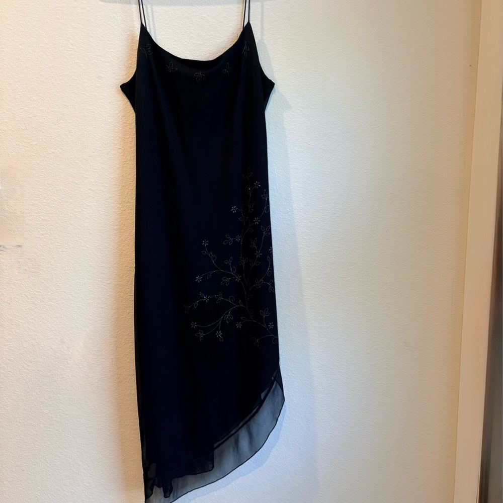 Vintage 90s Byer Too! Asymmetrical Glitter Floral Slip Dress Black M